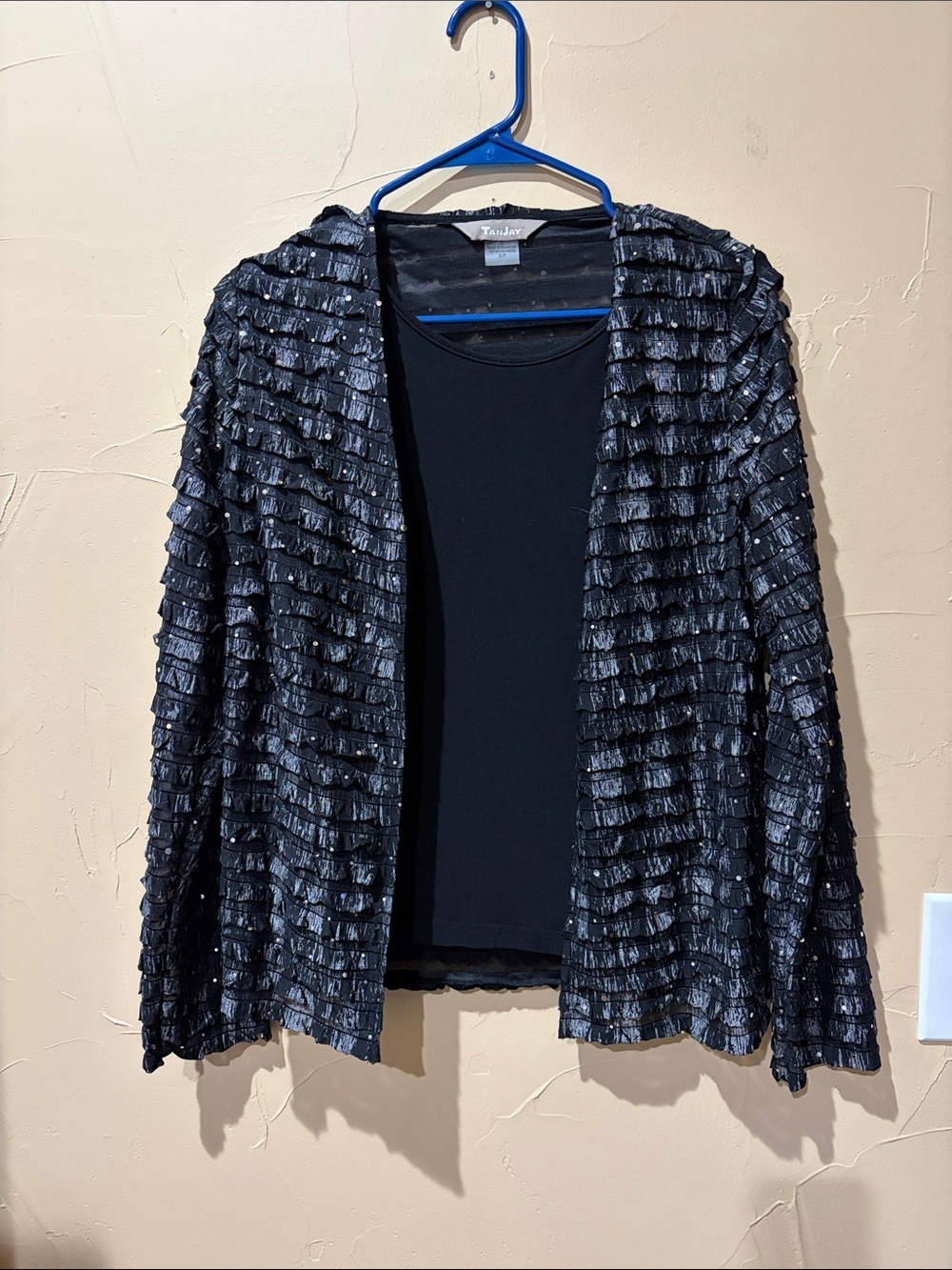 TanJay Black Ruffled Open-Front Women's Ribbes Jacket
